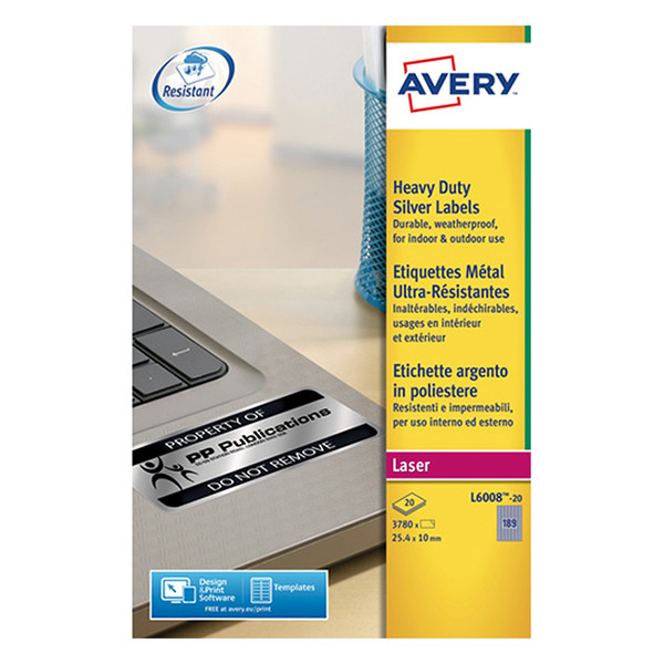 Avery Zweckform L6008-20 Etiquetas de sellado de poliéster de 25,4 x 10 mm (3780 etiquetas) L6008-20 212446 - 1
