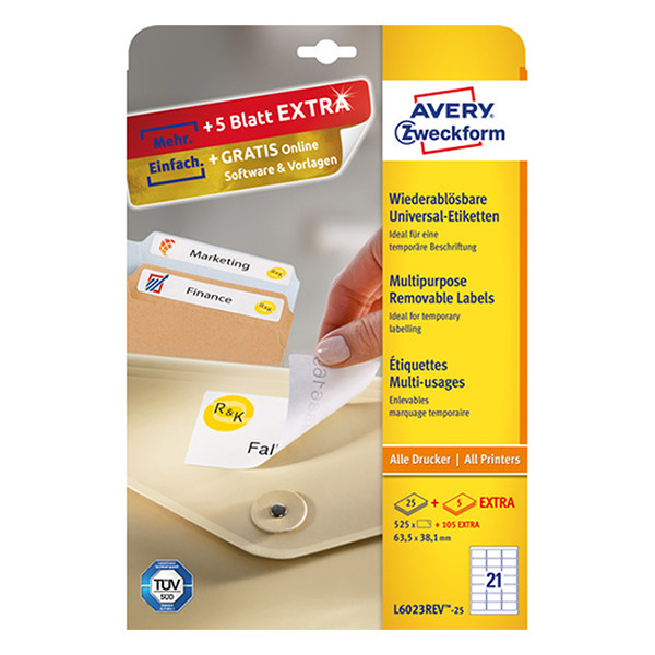 Avery Zweckform L6023REV-25 Etiquetas Removibles A4 63,5 x 38,1 mm — 21 por hoja | Pack 25 hojas 212805 - 1