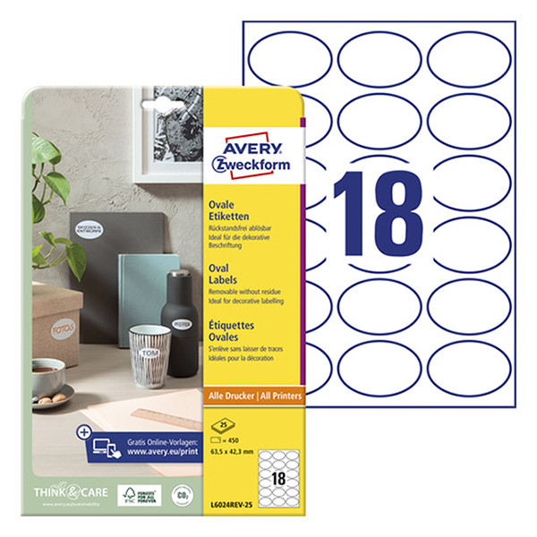 Avery Zweckform L6024REV-25 Etiquetas de producto extraíbles ovaladas de 63,5 x 42,3 mm blancas (450 etiquetas) L6024REV-25 212468 - 1