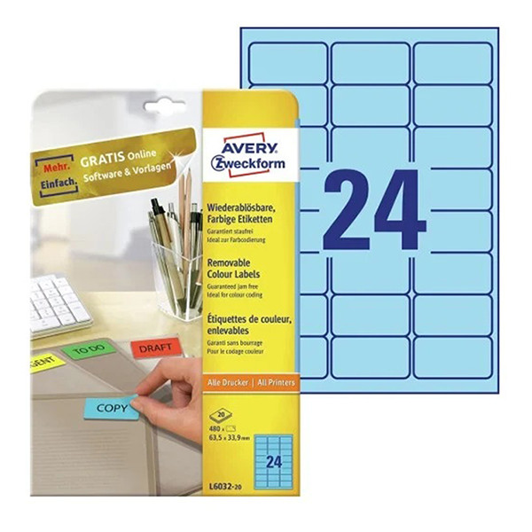 Avery Zweckform L6032-20 Etiquetas extraíbles A4 63,5 x 33,9 mm azul (480 etiquetas)
