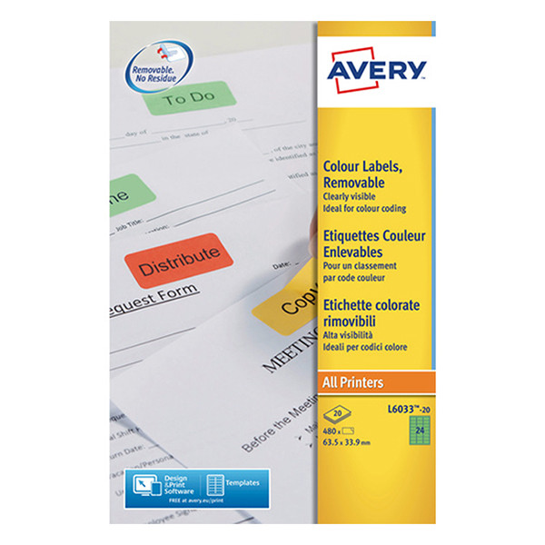 Avery Zweckform L6033-20 Etiquetas extraíbles A4 63,5 x 33,9 mm verdes (480 etiquetas) 212755 - 1