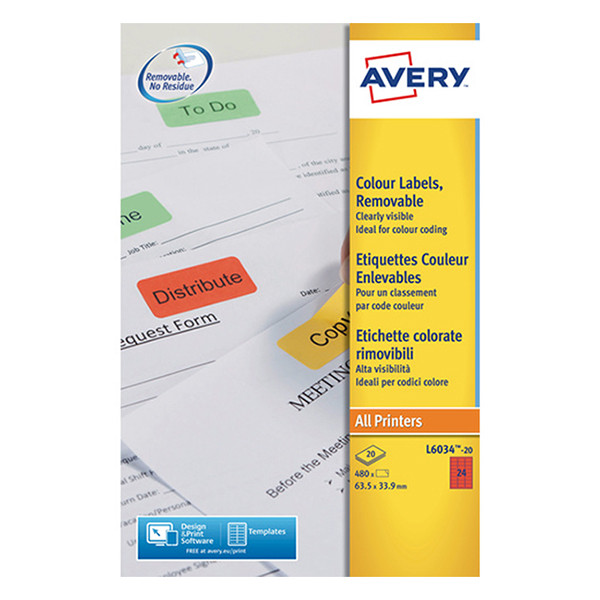 Avery Zweckform L6034-20 Etiquetas extraíbles A4 63,5 x 33,9 mm rojas (480 etiquetas)