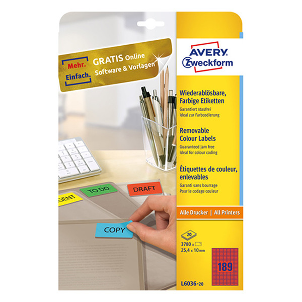 Avery Zweckform L6036-20 Etiquetas removibles A4 25,4 x 10 mm rojas (3780 etiquetas)