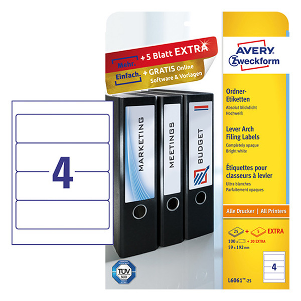 Avery Zweckform L6061-25 Etiquetas para lomo de carpeta 192 x 59 mm, color blanco (100 etiquetas) 212136 - 1