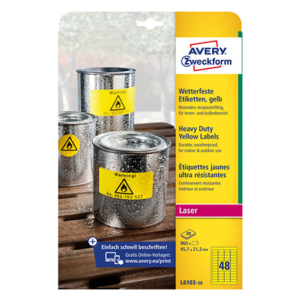 Avery Zweckform L6103-20 Etiquetas resistentes a la intemperie A4 45,7 x 21,2 mm amarillas (960 etiquetas) L6103-20 212698 - 1