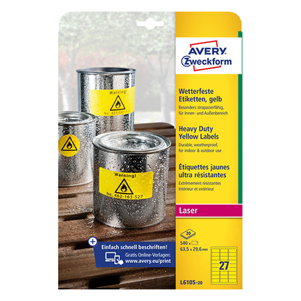 Avery Zweckform L6105-20 Etiquetas resistentes a la intemperie A4 63,5 x 29,6 mm amarillas (540 etiquetas)