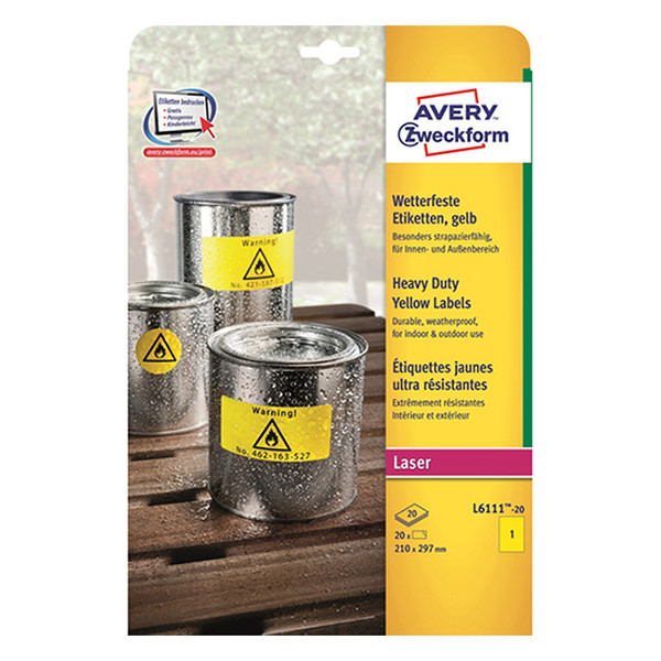 Avery Zweckform L6111-20 Etiquetas resistentes a la intemperie A4 210 x 297 mm amarillas (20 etiquetas)