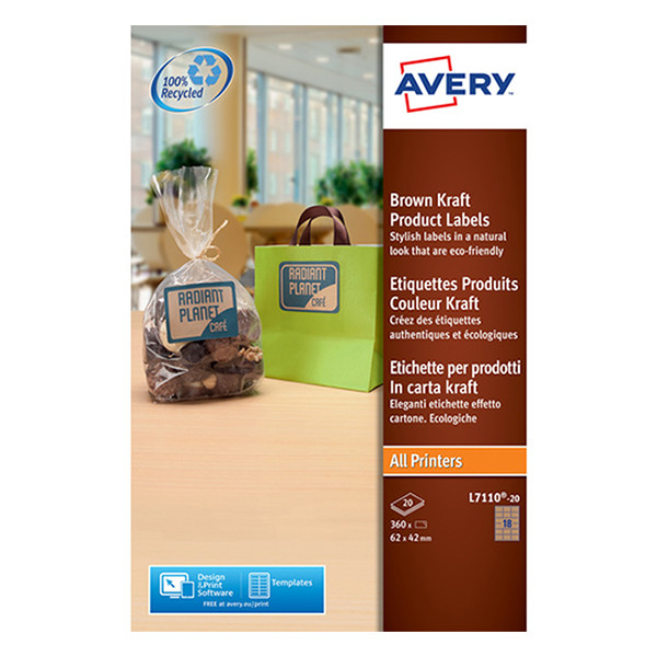 Avery Zweckform L7110-20 Etiquetas de producto rectangulares de 62 x 42 mm, color cartón marrón (360 etiquetas) L7110-20 212618 - 1