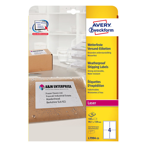 Avery Zweckform L7994-25 Etiquetas A4 resistentes a la intemperie 99,1 x 139 mm — 4 por hoja | Pack 25 hojas 212806 - 1