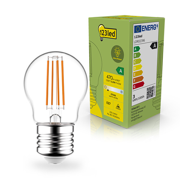 Bombilla LED E27 | Bola G45 | Ultraeficiente | Filamento | Transparente | 2700K | 2,2 W (40 W) - 123tinta LDR02396 - 1