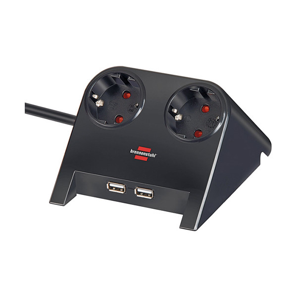 Brennenstuhl Regleta de enchufes de escritorio con 2 enchufes y USB, color negro (1,8 metros)