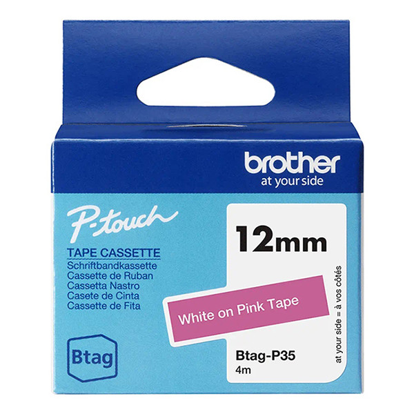 Brother Btag-P35 cinta no laminada blanca sobre rosa 12 mm (original)