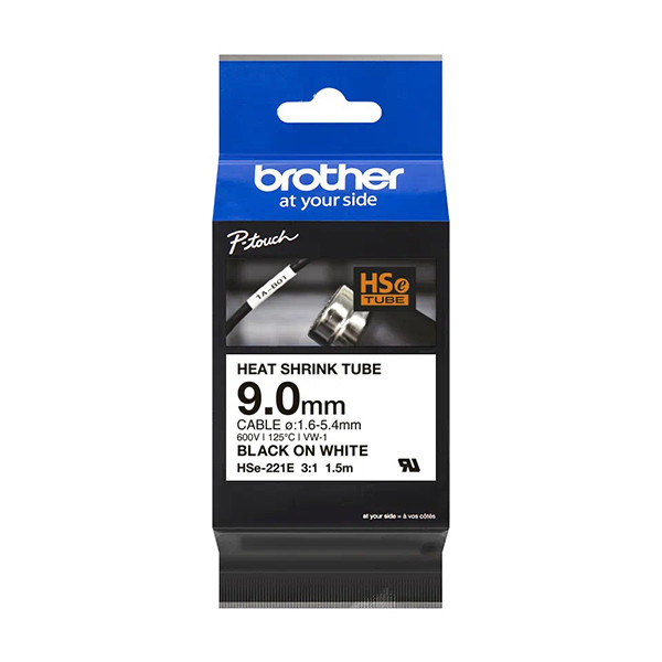 Brother HSe-221E cinta termorretráctil negro sobre blanco 9 mm (original) HSE221E 350596 - 1