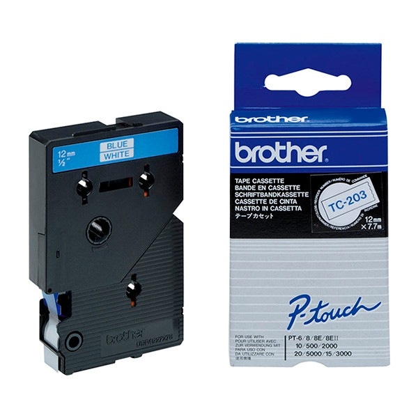 Brother TC-203 cinta azul sobre blanco 12 mm (original) TC-203 088834 - 1