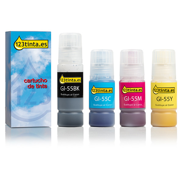 Canon GI-55 botellas de tinta (marca 123tinta) | Pack negro + 3 colores 160684 - 1