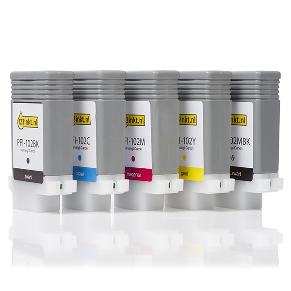 PFI-102MBK negro mate Referencia completa Referencia de cartucho Canon  Cartuchos de tinta Canon PFI-102 Pack ahorro MBK/BK/C/M/Y (marca 123tinta)  123tinta.es