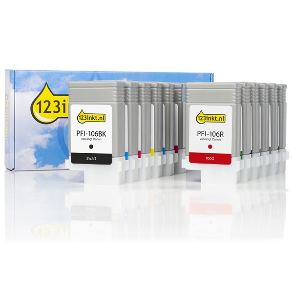 Canon PFI-106 pack ahorro MBK / BK / C / M / Y / PC / PM / R / G / B / GY / PGY (marca 123tinta)  132061 - 1