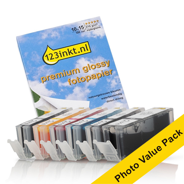 Canon PGI-530PGBK/CLI-531 cartuchos de tinta (marca 123tinta) | Pack 2 negros + 4 colores + 100 hojas de papel fotográfico 132311 - 1