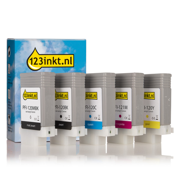 Canon pack: PFI-120 / PFI-121 MBK, BK, C, M, Y 2 negros + 3 colores (marca 123tinta) 130756 - 1