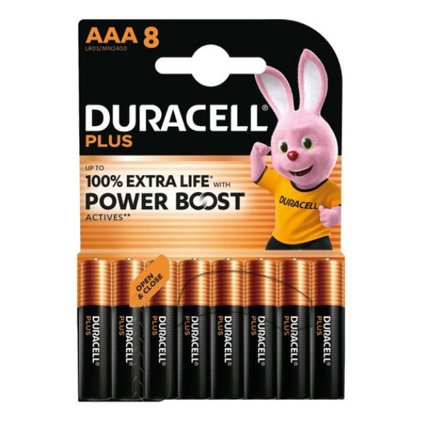 DURACELL Plus Pilas AAA (Paquete de 8) - Pilas alcalinas 1,5 V-hasta un 150% de duración Extra con Activos Power Boost-Fiabilidad para Dispositivos cotidianos-Envase con 0% de plástico-MN2400