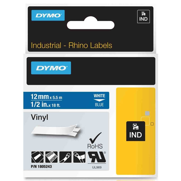 Dymo 1805243 IND Rhino cinta vinilo blanco sobre azul 12 mm (original) 1805243 088646 - 1
