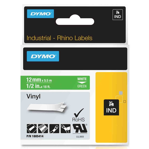 Dymo 1805414 IND Rhino cinta vinilo blanco sobre verde 12 mm (original) 1805414 088640 - 1