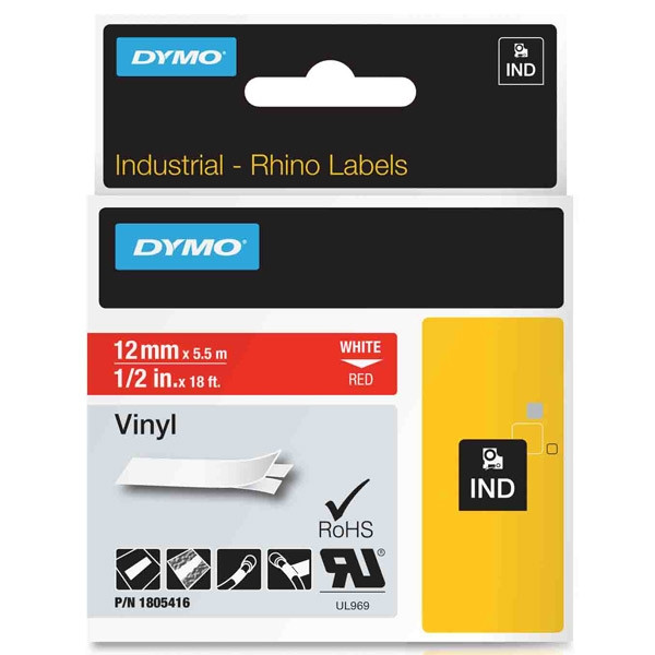 Dymo 1805416 IND Rhino cinta vinilo blanco sobre rojo 12 mm (original) 1805416 088626 - 1