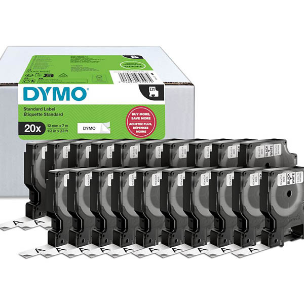 Dymo 2231632 cinta adhesiva negra sobre blanco de 12 mm, paquete económico de 20 unidades (original)