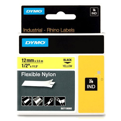 Dymo S0718080 / 18490 IND Rhino cinta nylon flexible negro sobre amarillo 12 mm (original) 18490 S0718080 088720 - 1