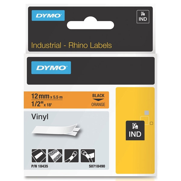 Dymo S0718490 / 18435 IND Rhino cinta vinilo negro sobre naranja 12 mm (original) 18435 S0718490 088614 - 1