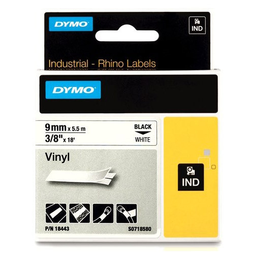 Dymo S0718580 / 18443 IND cinta vinilo negro sobre blanco 9 mm (original) 18443 S0718580 088600 - 1