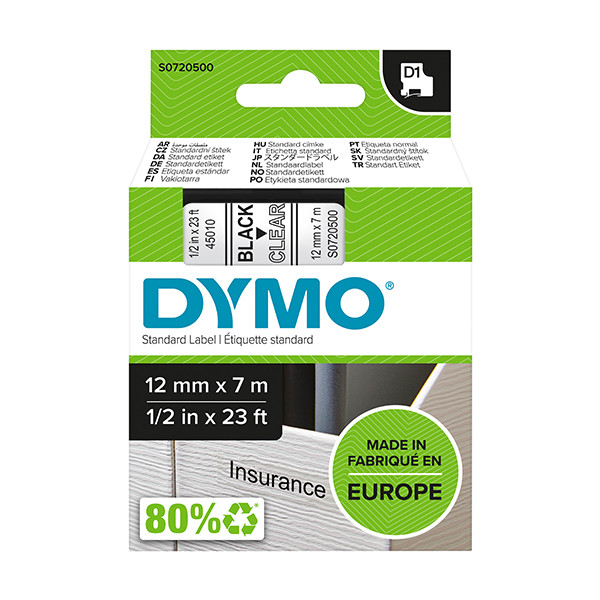 Dymo S0720500 / 45010 cinta negro sobre transparente 12 mm (original) S0720500 088200 - 1