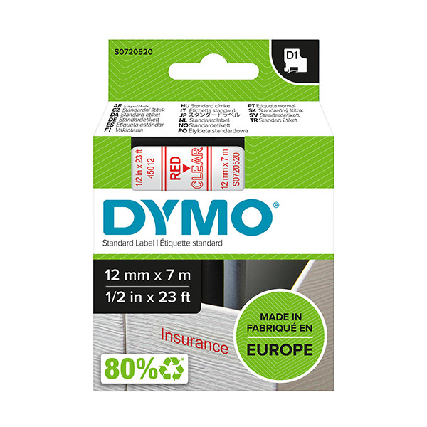 Dymo S0720520 / 45012 cinta rojo sobre transparente 12 mm (original) S0720520 088204 - 1