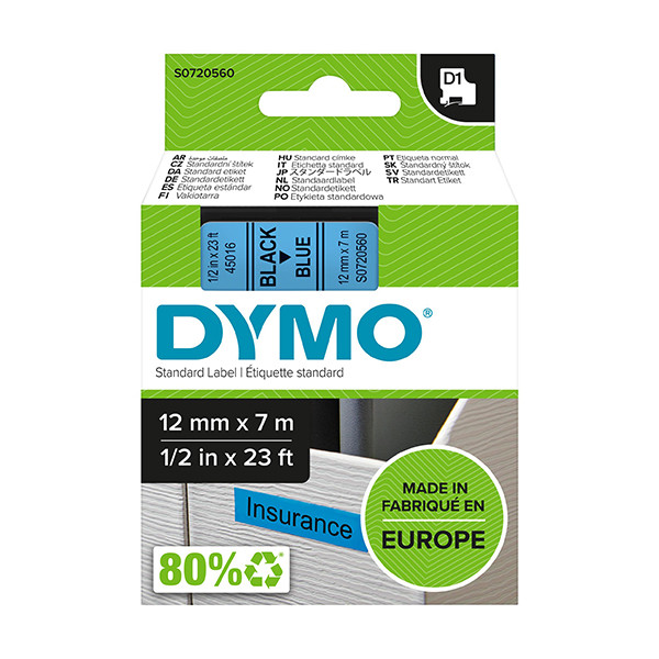 DYMO D1 - Etiquetas estándar - Negro sobre azul - 12mm x 7m – imagen 2