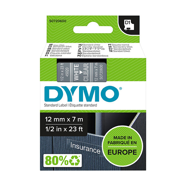 Dymo S0720600 / 45020 cinta blanco sobre transparente 12 mm (original) S0720600 088220 - 1