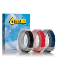 Dymo cinta en relieve de 9 mm (blanco sobre negro, blanco sobre rojo y blanco sobre azul) (marca 123tinta) | Pack 2 uds