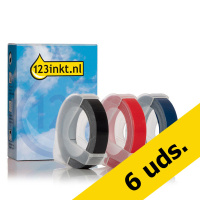 Dymo de cintas en relieve de 9 mm (blanco sobre negro, blanco sobre rojo y blanco sobre azul) (marca 123tinta) | Pack 6 uds 089298
