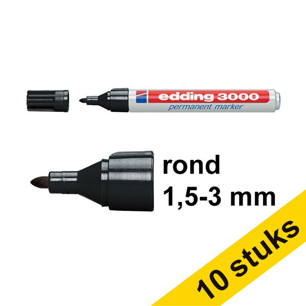 Pack ahorro: 10x Edding 3000 Rotulador permanente negro de punta redonda (1,5-3 mm)