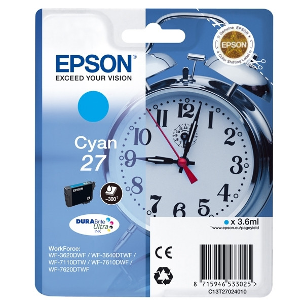 Epson 27 (T2702) cartucho de tinta cian (original) C13T27024010 C13T27024012 026628 - 1