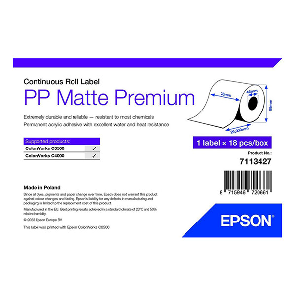 Epson 7113427 Rollo de etiquetas continuas PP mate premium 76mm x 29 m (original) 7113427 083692 - 1