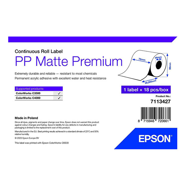 Epson 7113427 Rollo de etiquetas continuas PP mate premium 76mm x 29 m (original) 083692 - 1