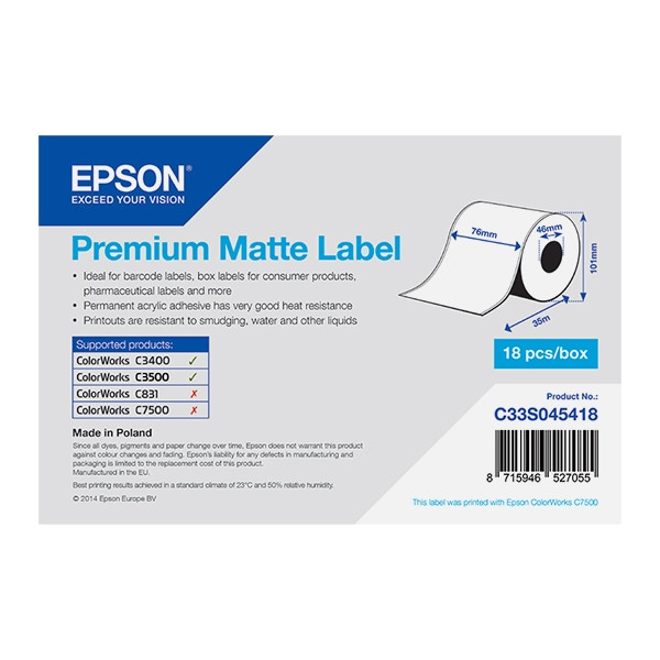 Epson C33S045418 rollo de etiquetas continuo mate premium 76 mm x 35 m (original) C33S045418 083384 - 1