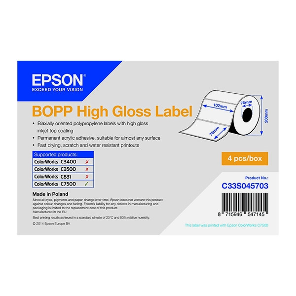 Epson C33S045703 rollo de etiquetas BOPP brillantes 102 x 76 mm (original) C33S045703 083346 - 1
