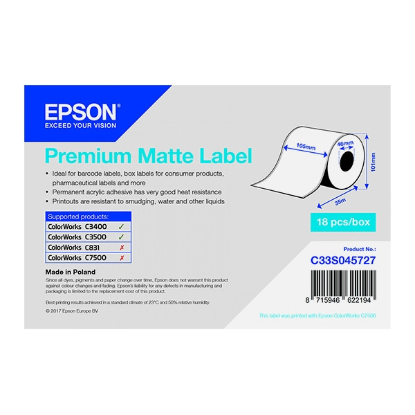 Epson C33S045727 rollo de etiquetas continuo mate premium 105 mm x 35 m (original) C33S045727 083388 - 1