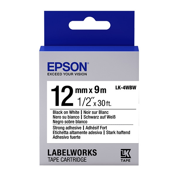 Epson LK-4WBW cinta para impresora de etiquetas (Negro sobre blanco, LabelWorks LW-1000P LabelWorks LW-300 LabelWorks LW-400 LabelWorks LW-400VP LabelWorks LW-600P, Ampolla, 9 m, 12 mm)