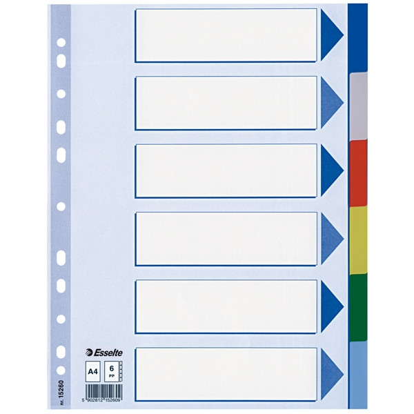 Esselte 15260 separadores de plástico de colores A4 con 6 pestañas (11 agujeros) 15260 203800 - 1