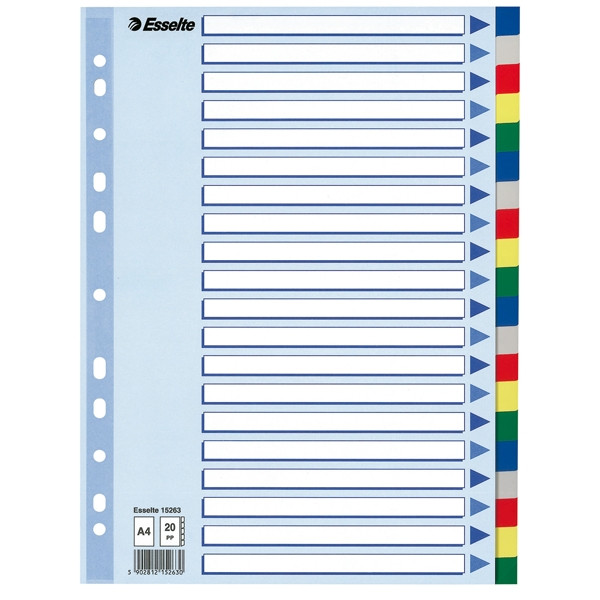 Esselte 15263 separadores de plástico de colores A4 con 20 pestañas (11 agujeros) 15263 203806 - 1