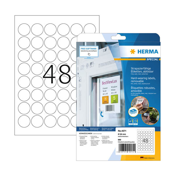 Herma 4571 Etiquetas adhesivas impermeables y extraíbles, A4, ø 30 mm, blancas (960 etiquetas)
