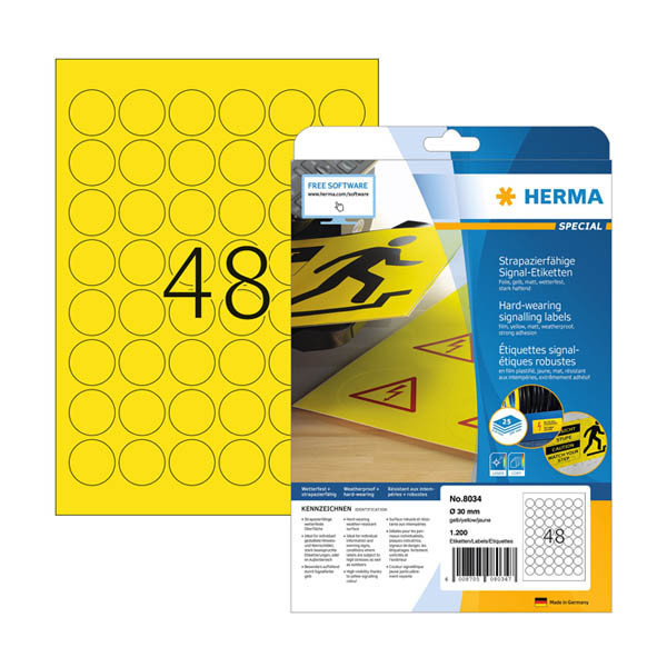 Herma 8034 Etiquetas de aluminio resistentes A4 Ø 30 mm amarillas (1200 etiquetas)