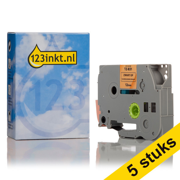 Marca 123tinta reemplaza a Brother TZe-B31 cinta negra sobre naranja fluorescente de 12 mm | Pack 5 uds 650674 - 1
